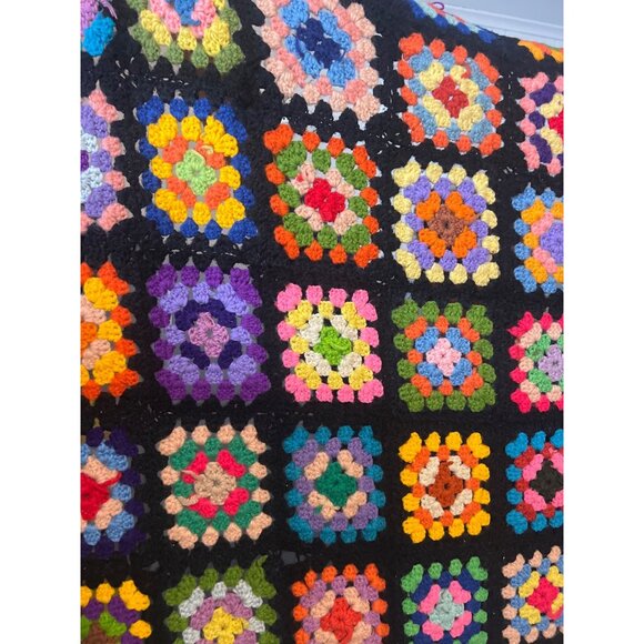 Vintage Handmade Granny Square Crochet Blanket Throw 67x47 Inches Black Multicol - Picture 2 of 6